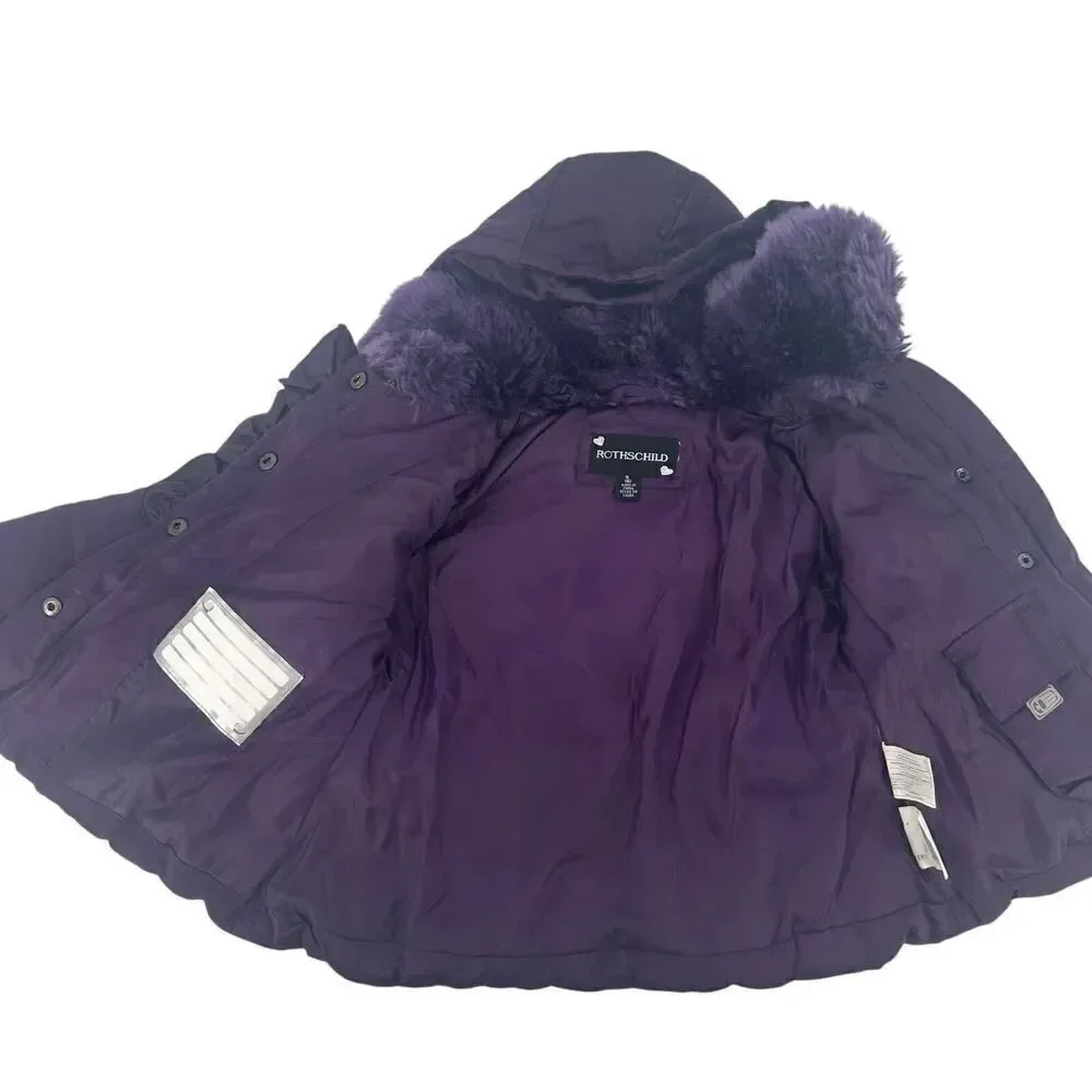Rothschild Winter Coat Girls Purple Faux Fur Hooded Peplum Puffer Ruffle Size S